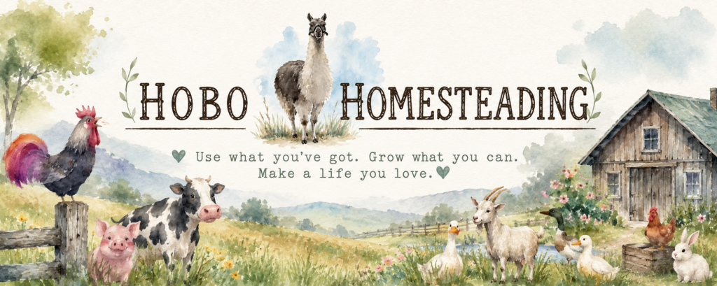 Hobo Homesteading farm banner with the llama, animals, and barn