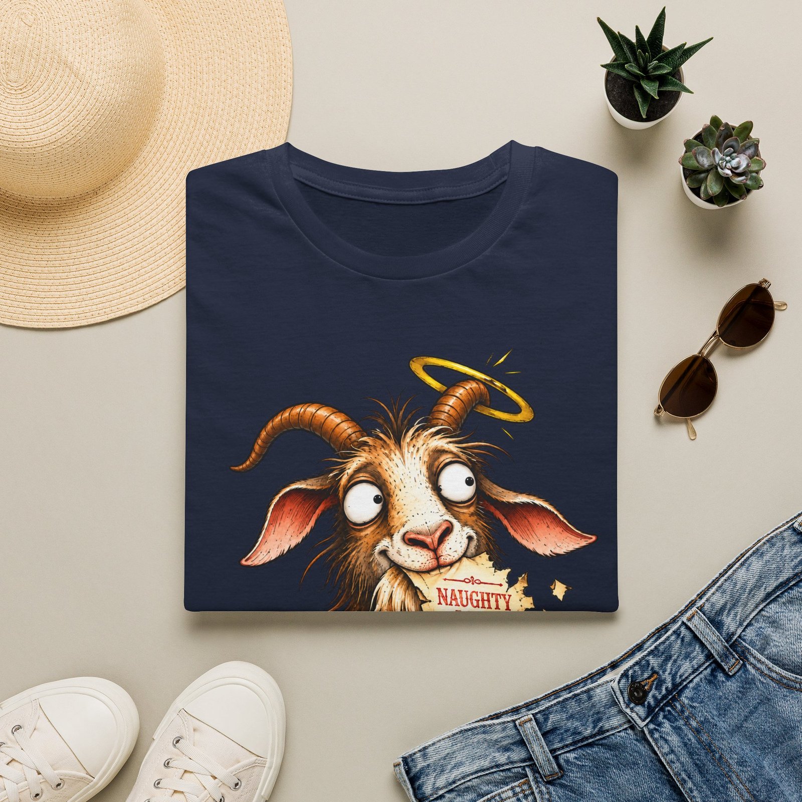 Naughty or Nice Goat T-Shirt — Cute Halo Goat Graphic Tee - Image 31