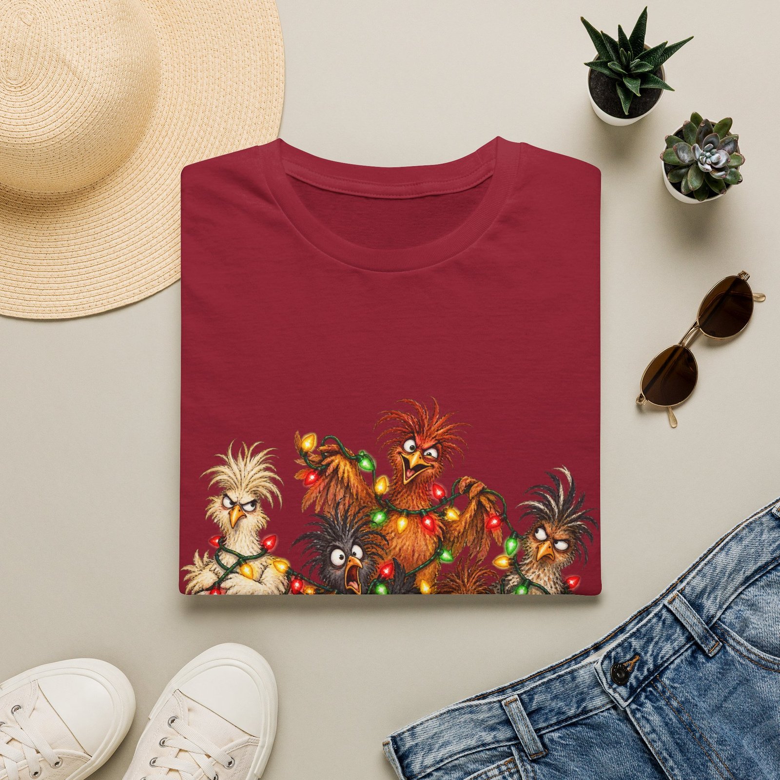 Christmas Chickens T-Shirt — Festive Rooster and Hen Holiday Tee with String Lights - Image 41