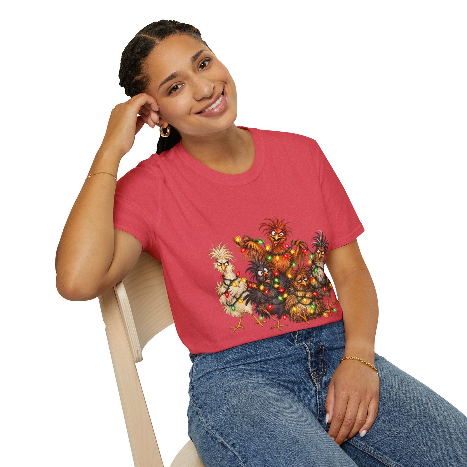 Christmas Chickens T-Shirt — Festive Rooster and Hen Holiday Tee with String Lights - Image 40