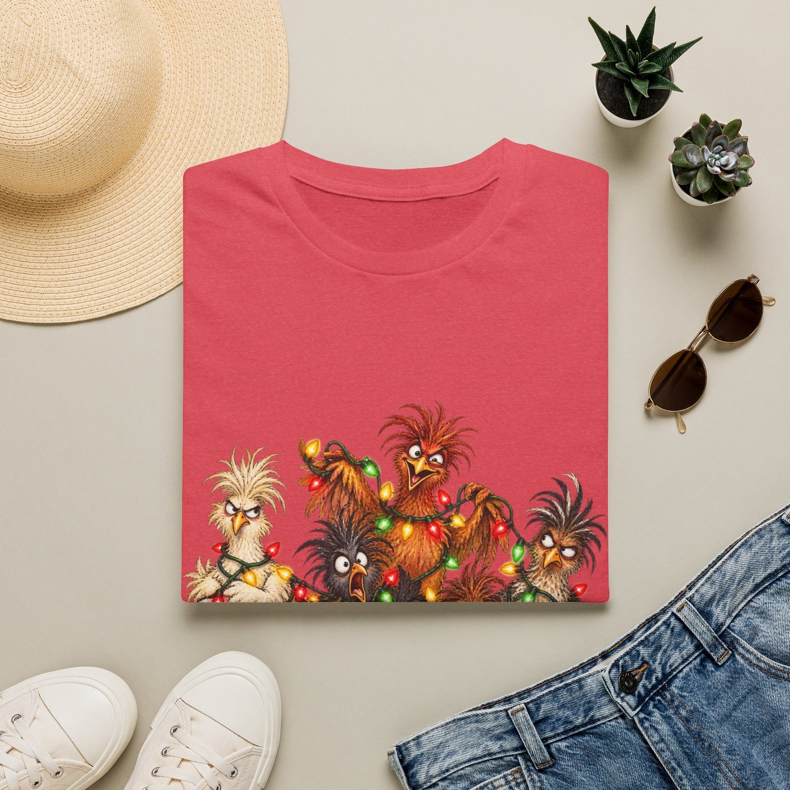 Christmas Chickens T-Shirt — Festive Rooster and Hen Holiday Tee with String Lights - Image 36