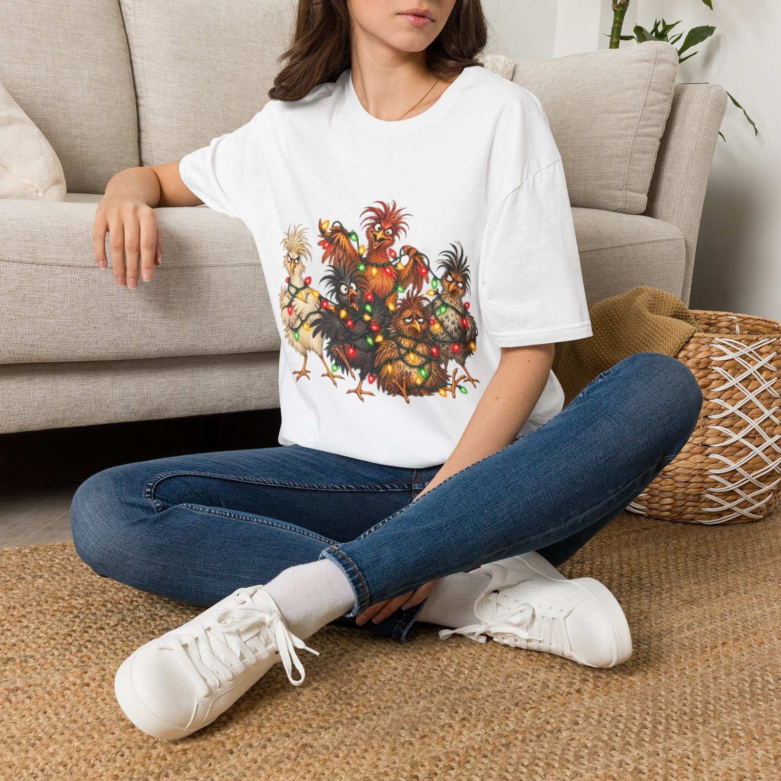 Christmas Chickens T-Shirt — Festive Rooster and Hen Holiday Tee with String Lights - Image 7