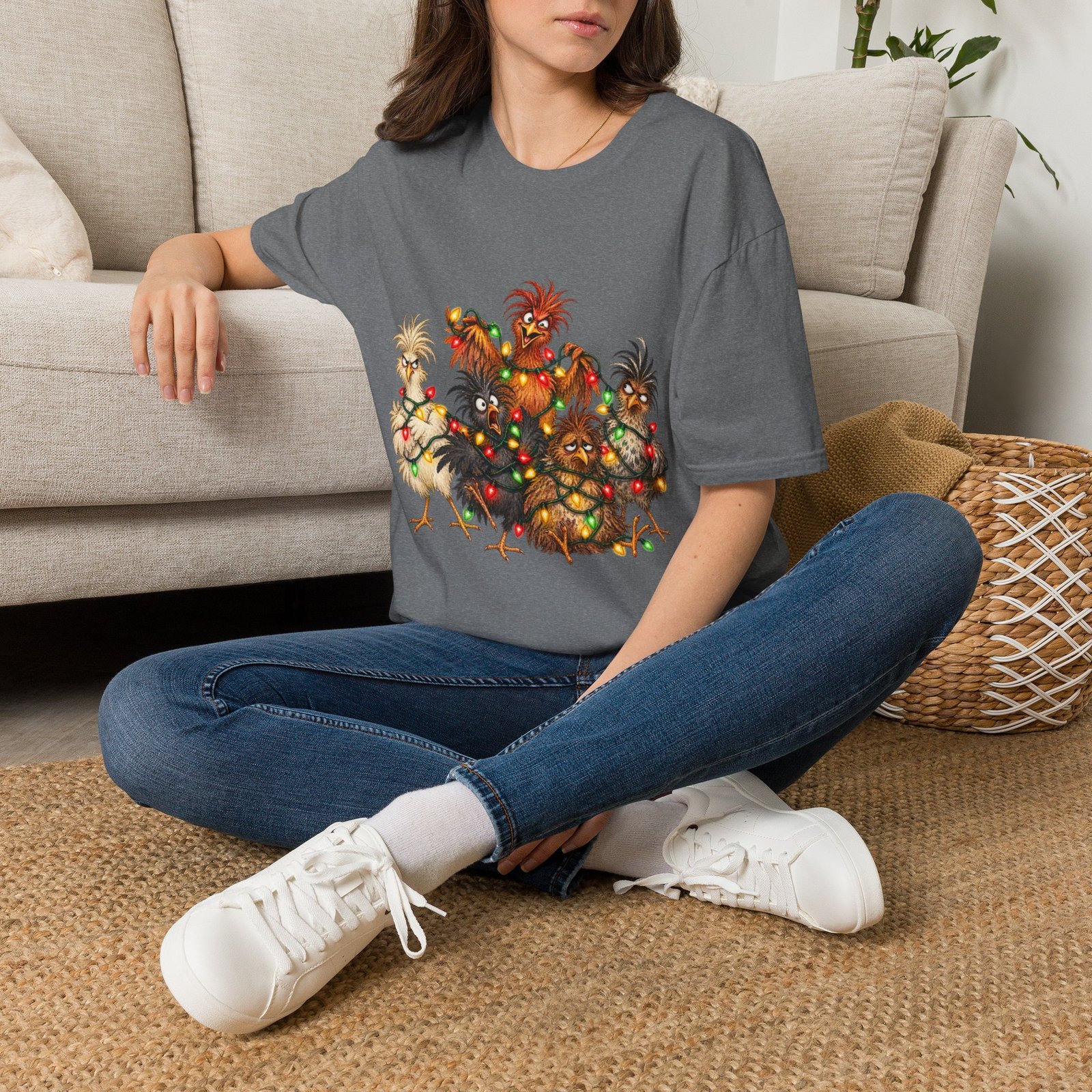 Christmas Chickens T-Shirt — Festive Rooster and Hen Holiday Tee with String Lights - Image 27