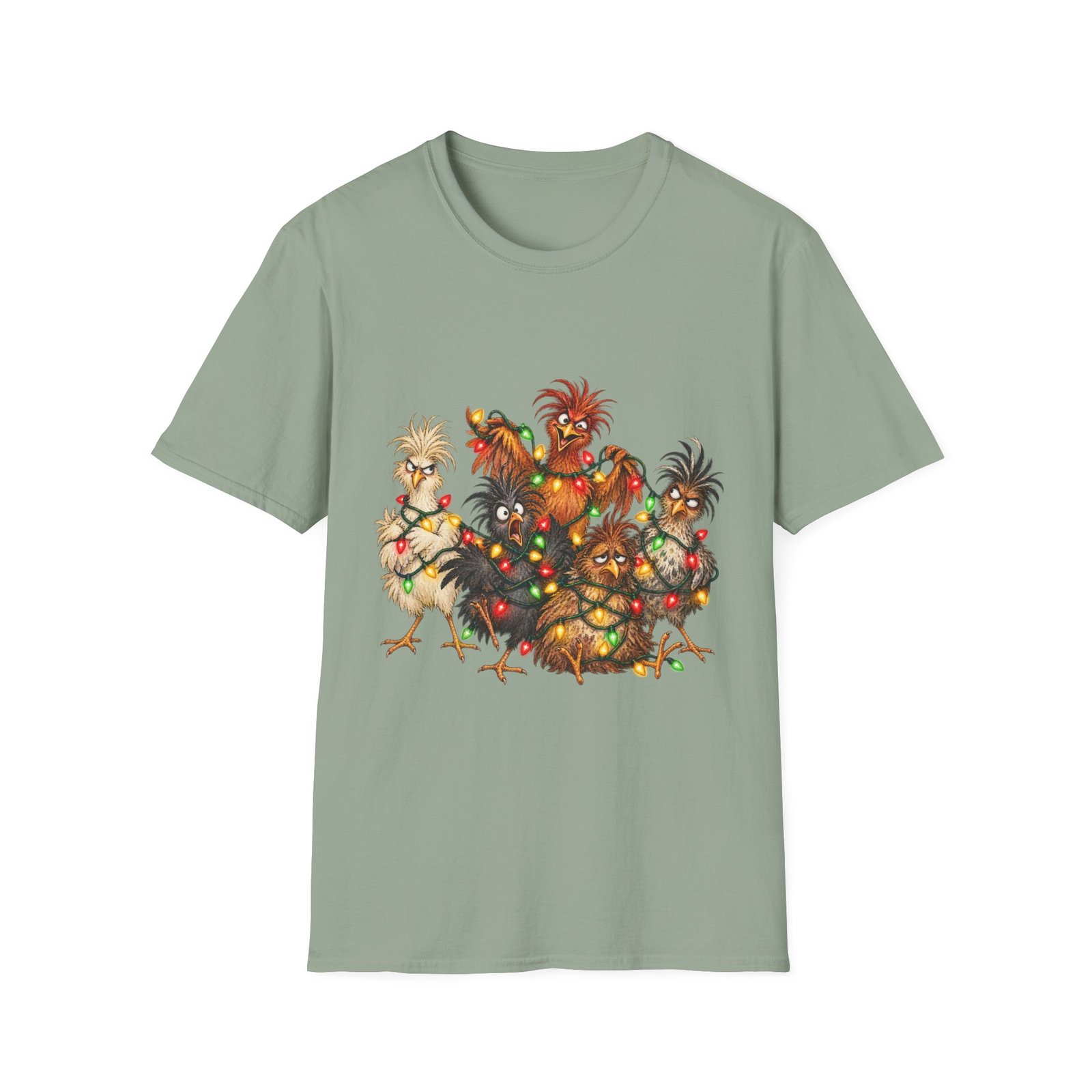 Christmas Chickens T-Shirt — Festive Rooster and Hen Holiday Tee with String Lights - Image 23