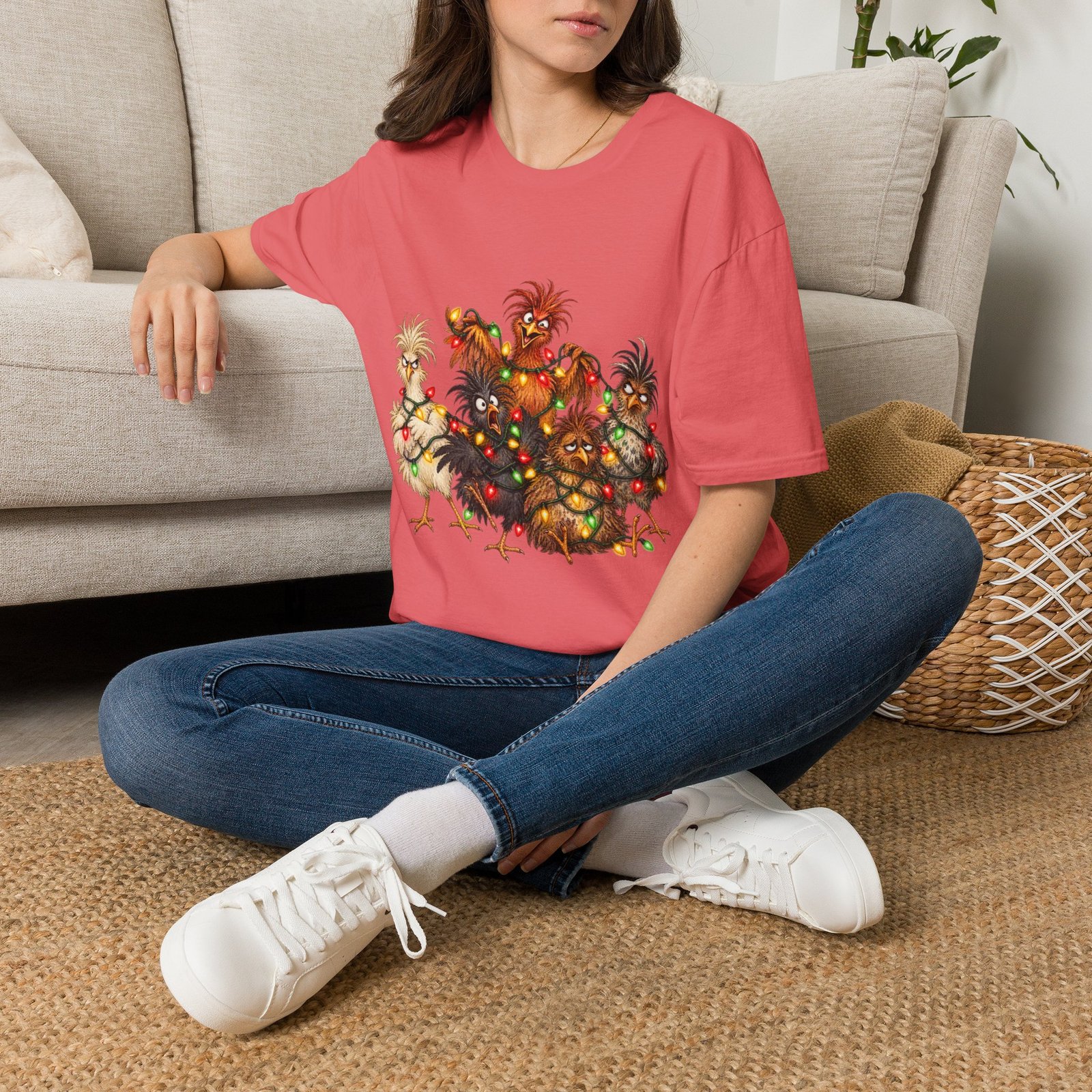 Christmas Chickens T-Shirt — Festive Rooster and Hen Holiday Tee with String Lights - Image 12