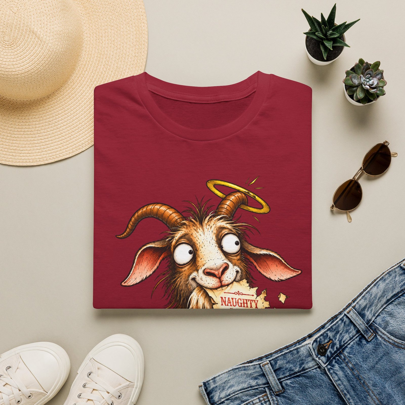 Naughty or Nice Goat T-Shirt — Cute Halo Goat Graphic Tee - Image 2