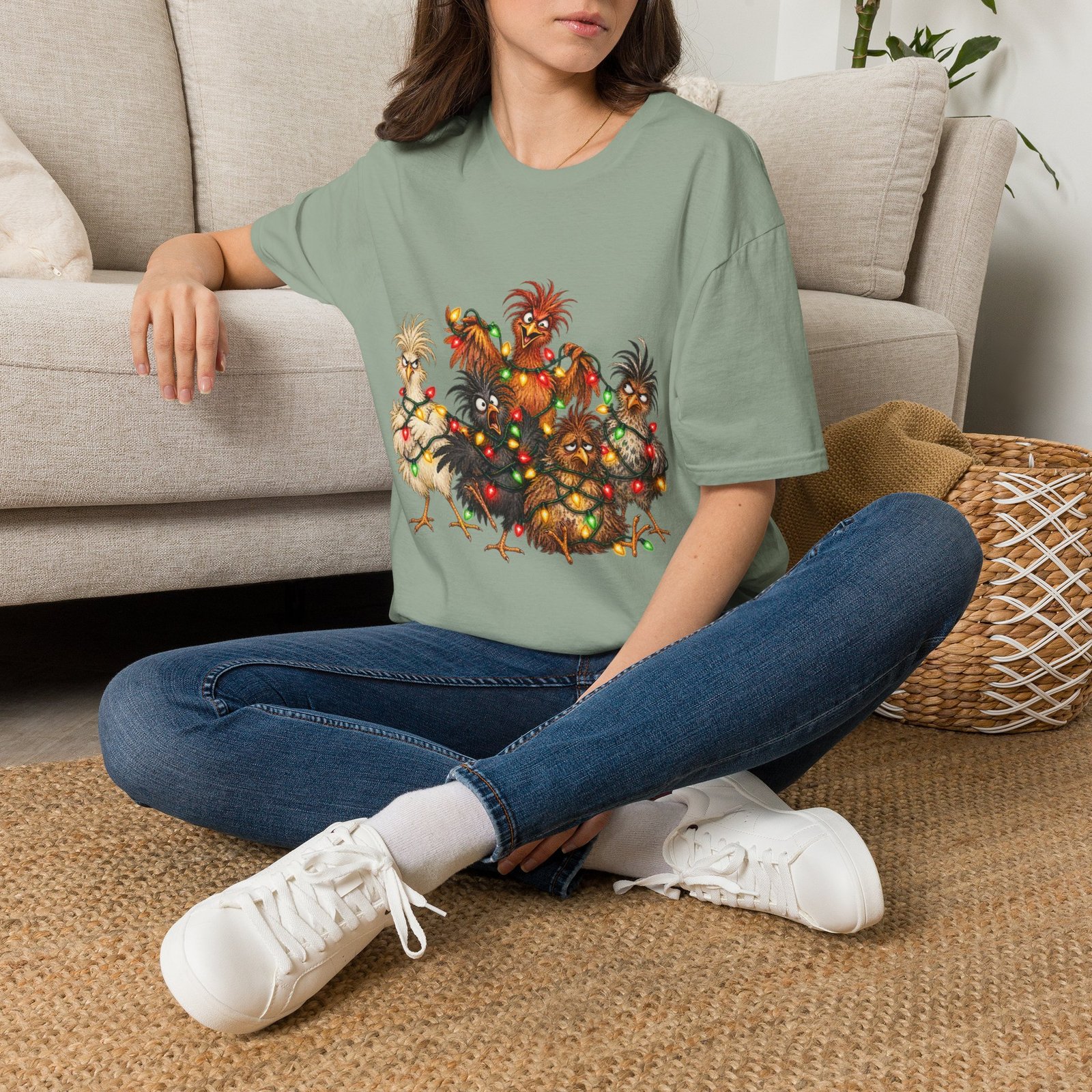 Christmas Chickens T-Shirt — Festive Rooster and Hen Holiday Tee with String Lights - Image 22