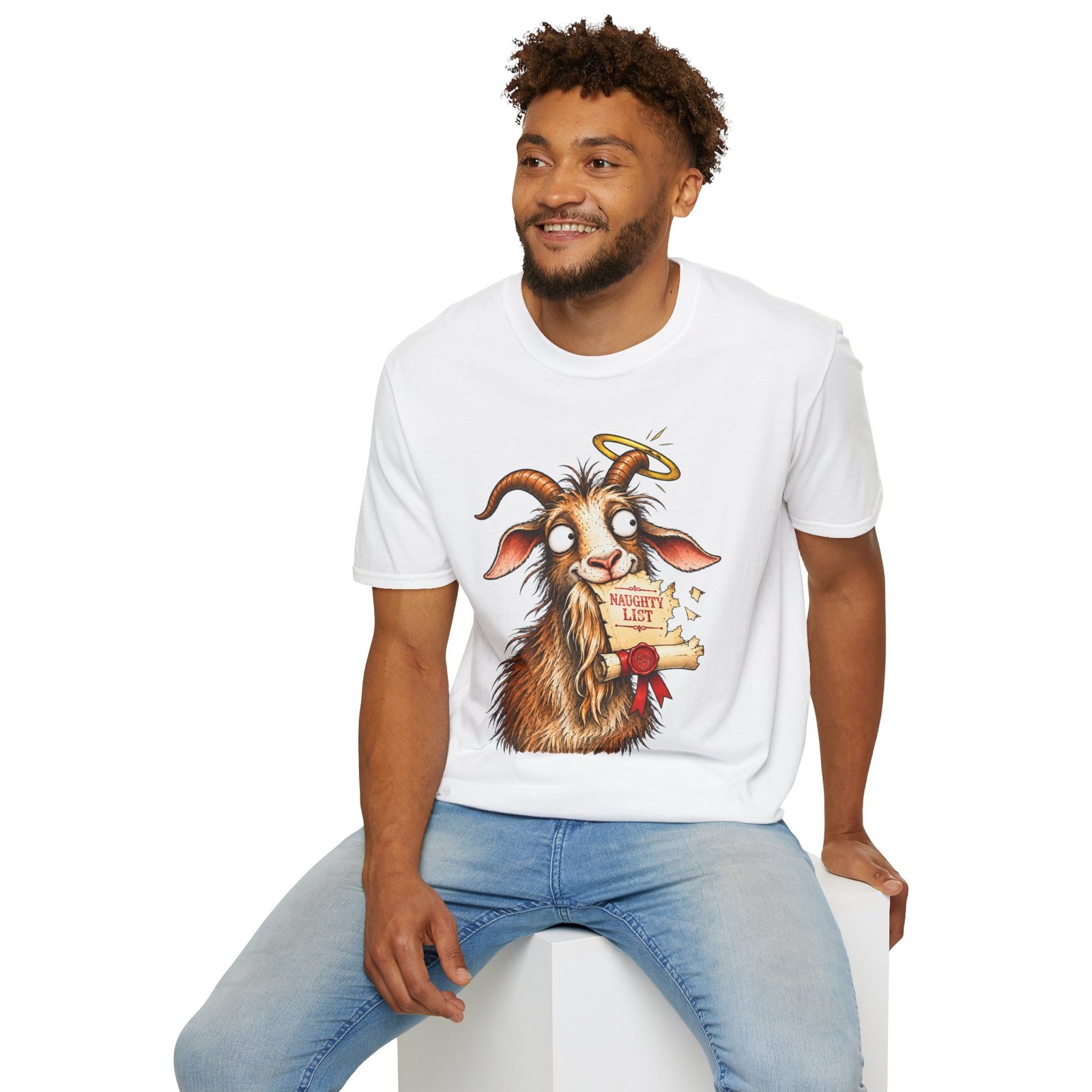 Naughty or Nice Goat T-Shirt — Cute Halo Goat Graphic Tee - Image 10