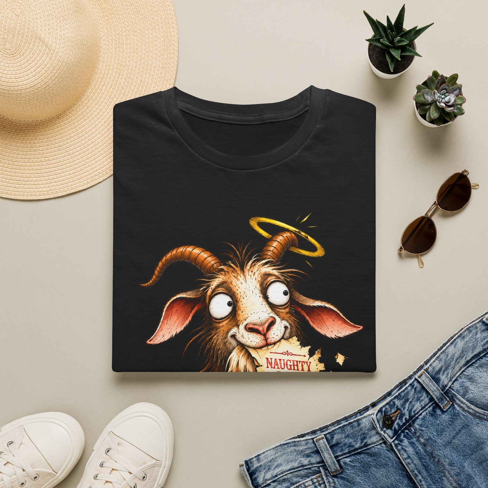 Naughty or Nice Goat T-Shirt — Cute Halo Goat Graphic Tee - Image 11
