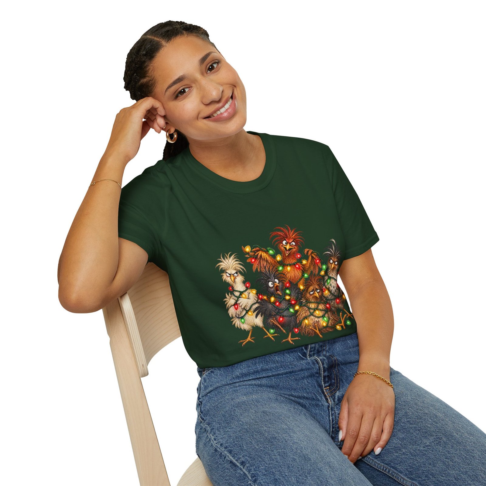 Christmas Chickens T-Shirt — Festive Rooster and Hen Holiday Tee with String Lights
