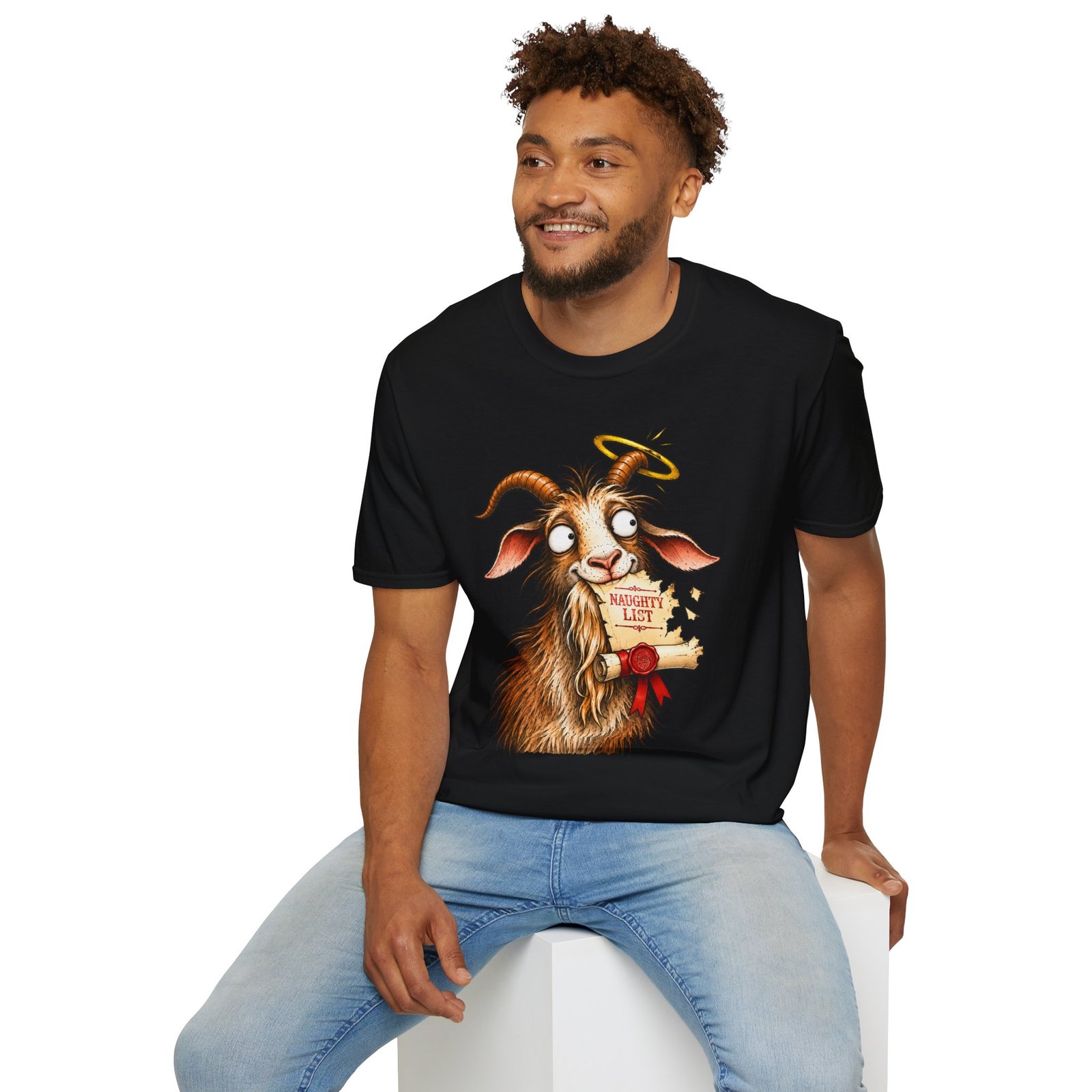 Naughty or Nice Goat T-Shirt — Cute Halo Goat Graphic Tee - Image 15