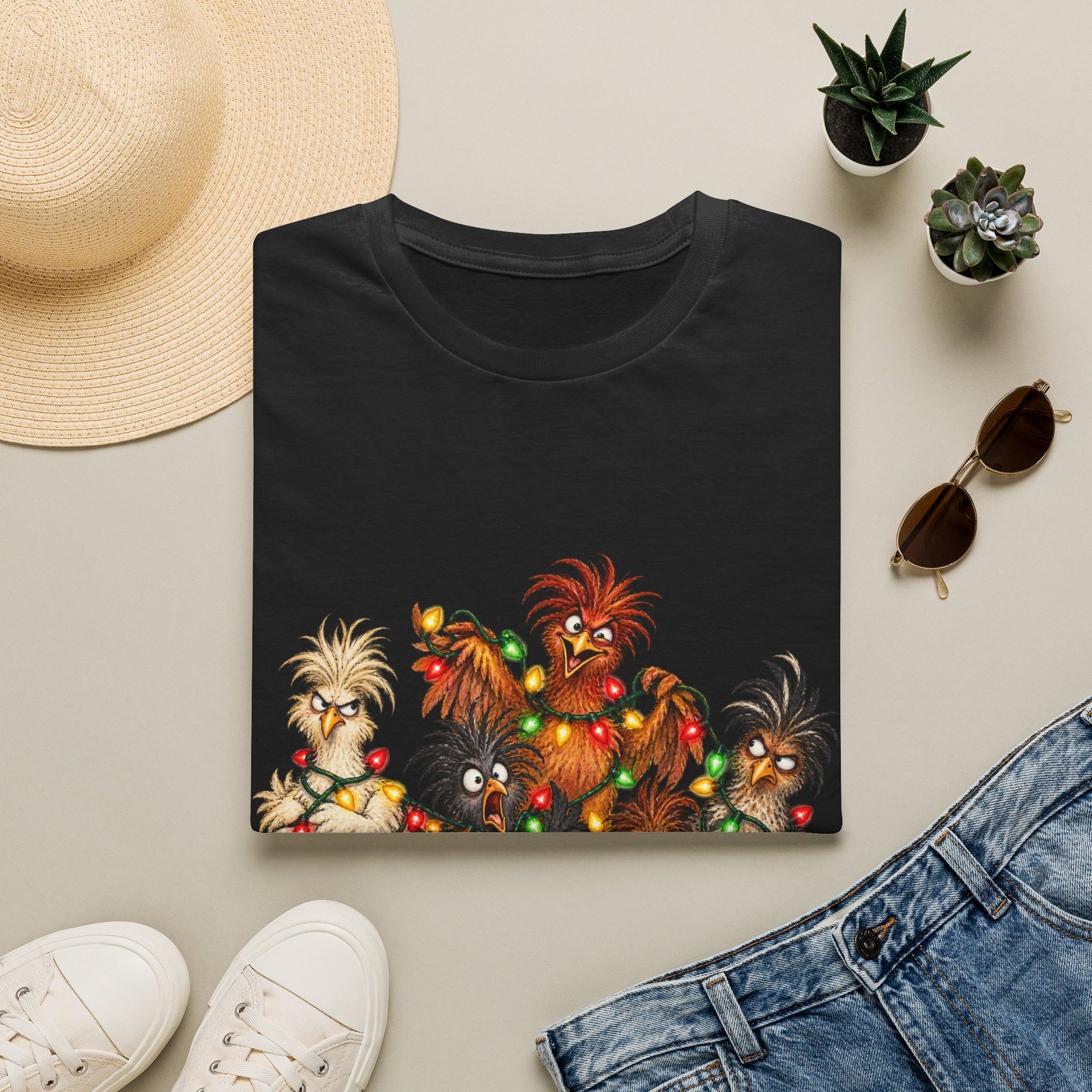 Christmas Chickens T-Shirt — Festive Rooster and Hen Holiday Tee with String Lights - Image 16