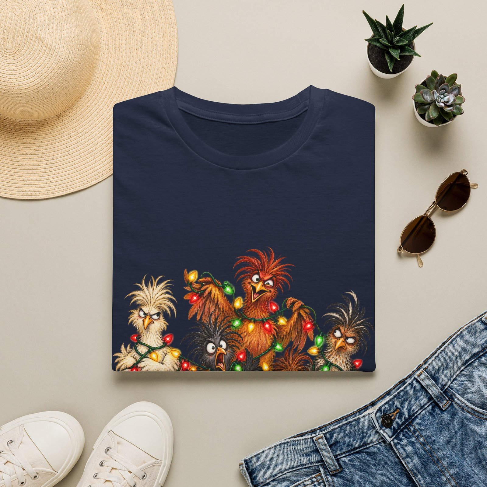 Christmas Chickens T-Shirt — Festive Rooster and Hen Holiday Tee with String Lights - Image 31