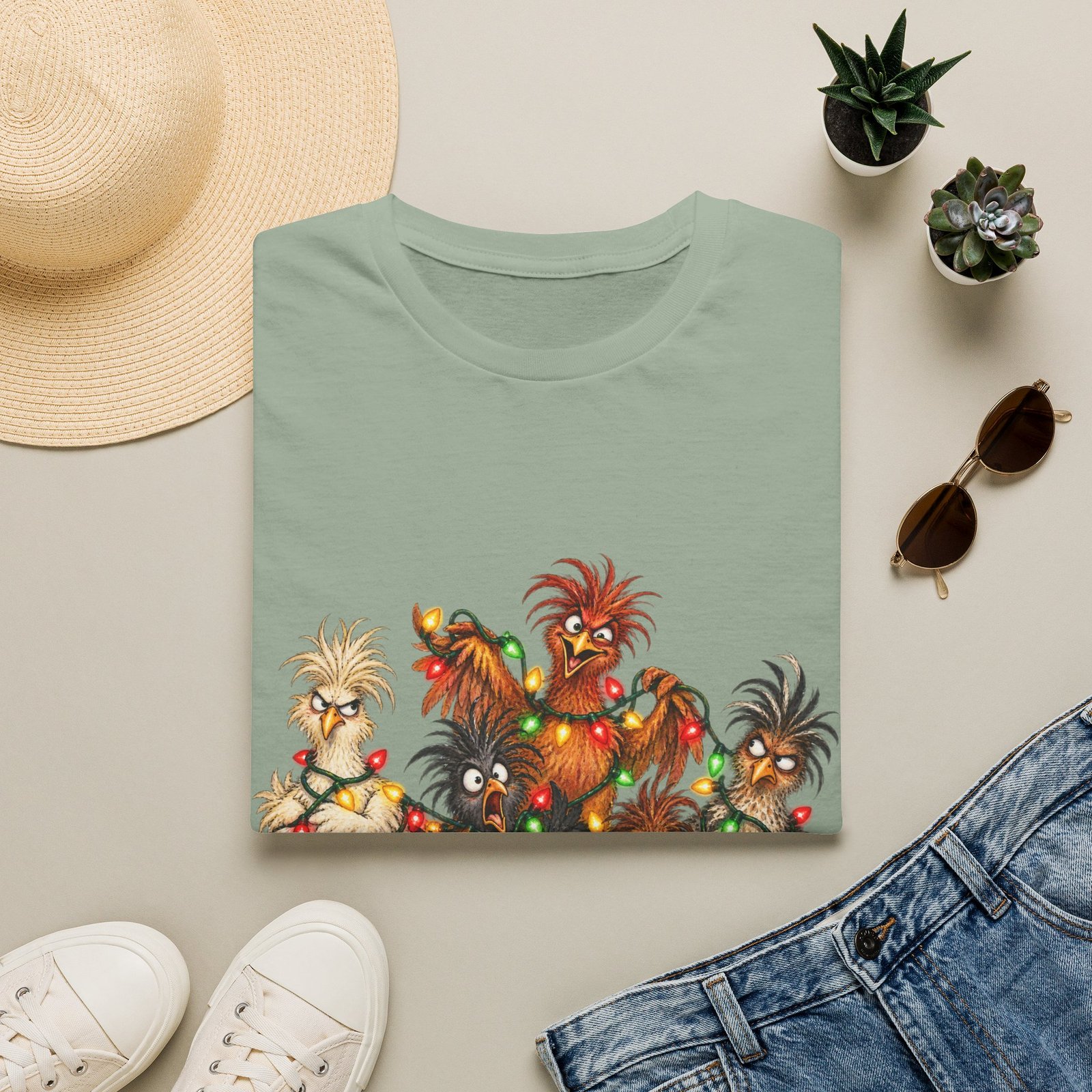 Christmas Chickens T-Shirt — Festive Rooster and Hen Holiday Tee with String Lights - Image 21