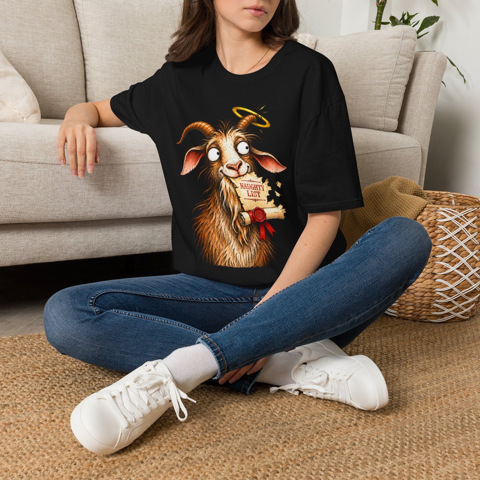 Naughty or Nice Goat T-Shirt — Cute Halo Goat Graphic Tee - Image 12