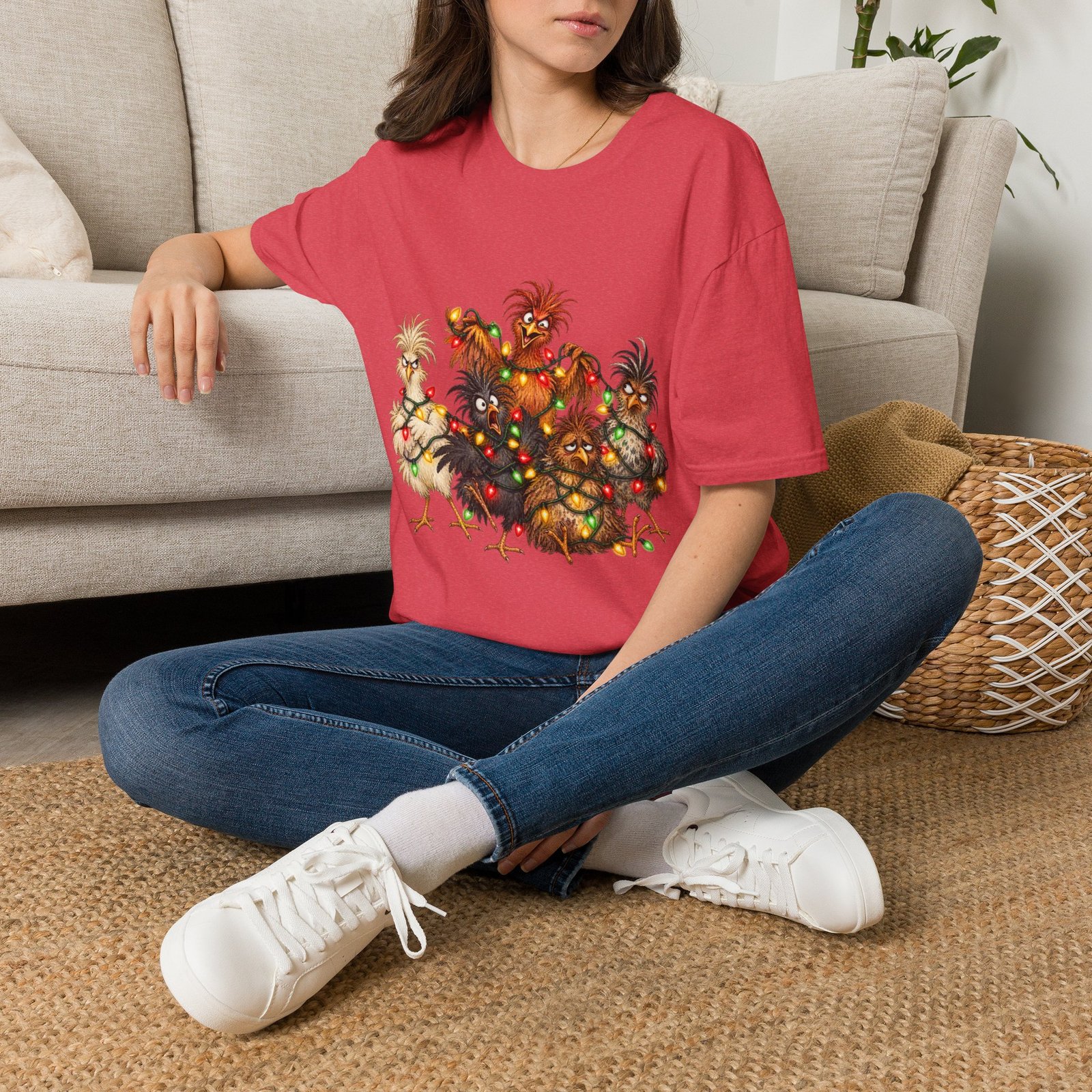 Christmas Chickens T-Shirt — Festive Rooster and Hen Holiday Tee with String Lights - Image 37