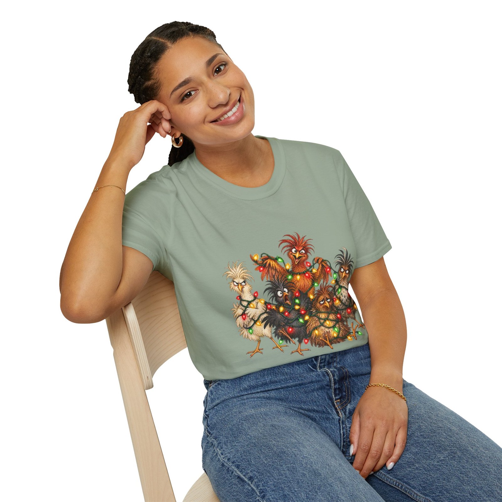 Christmas Chickens T-Shirt — Festive Rooster and Hen Holiday Tee with String Lights - Image 25