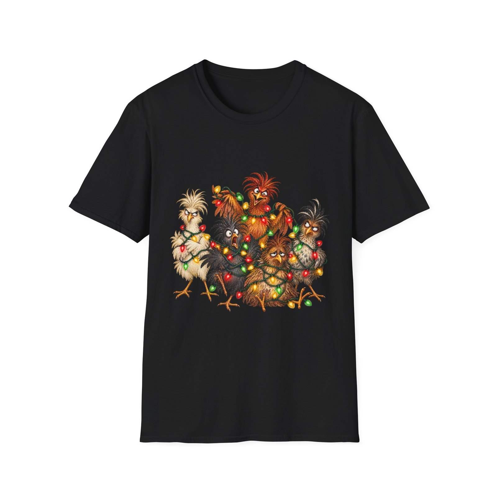 Christmas Chickens T-Shirt — Festive Rooster and Hen Holiday Tee with String Lights - Image 18