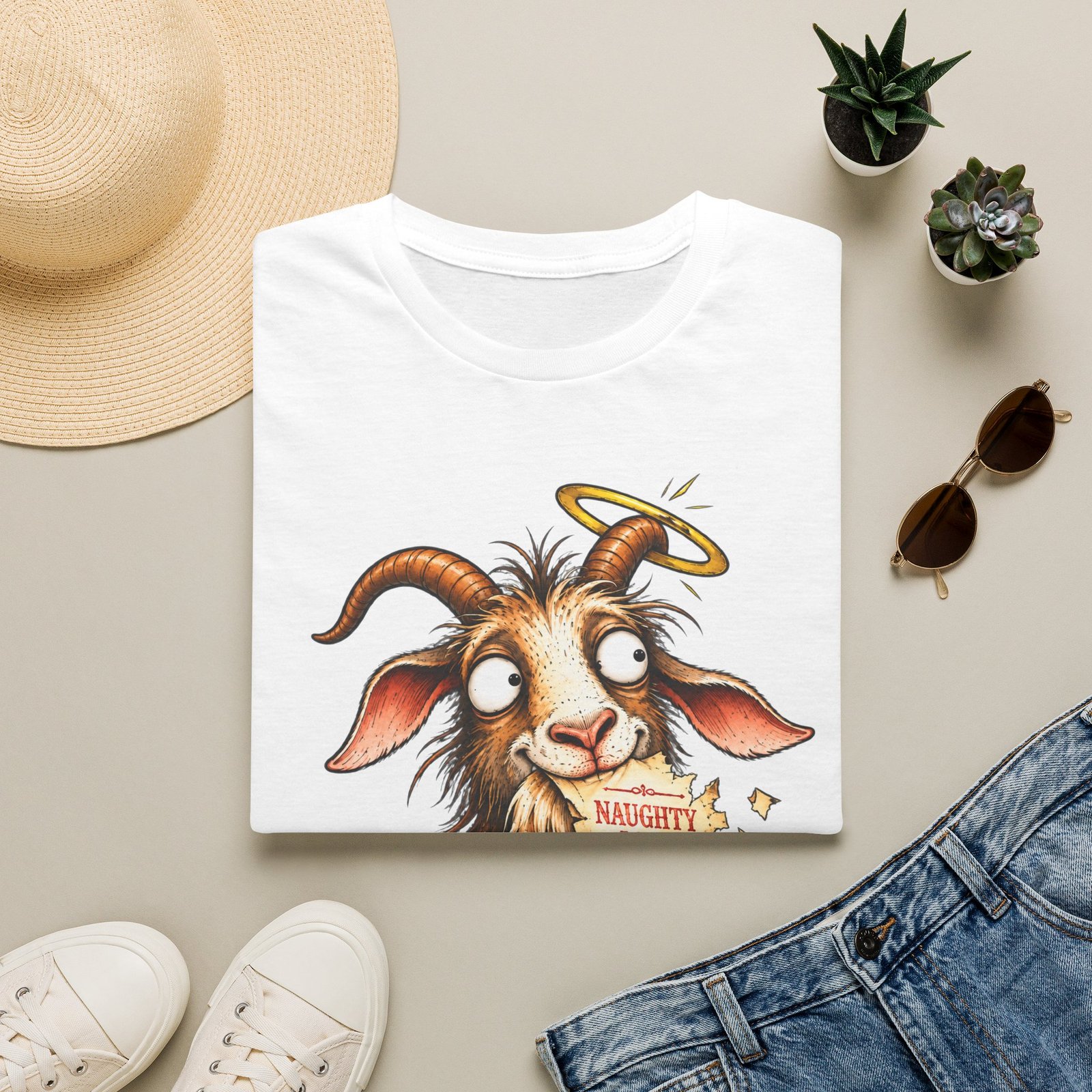 Naughty or Nice Goat T-Shirt — Cute Halo Goat Graphic Tee - Image 6