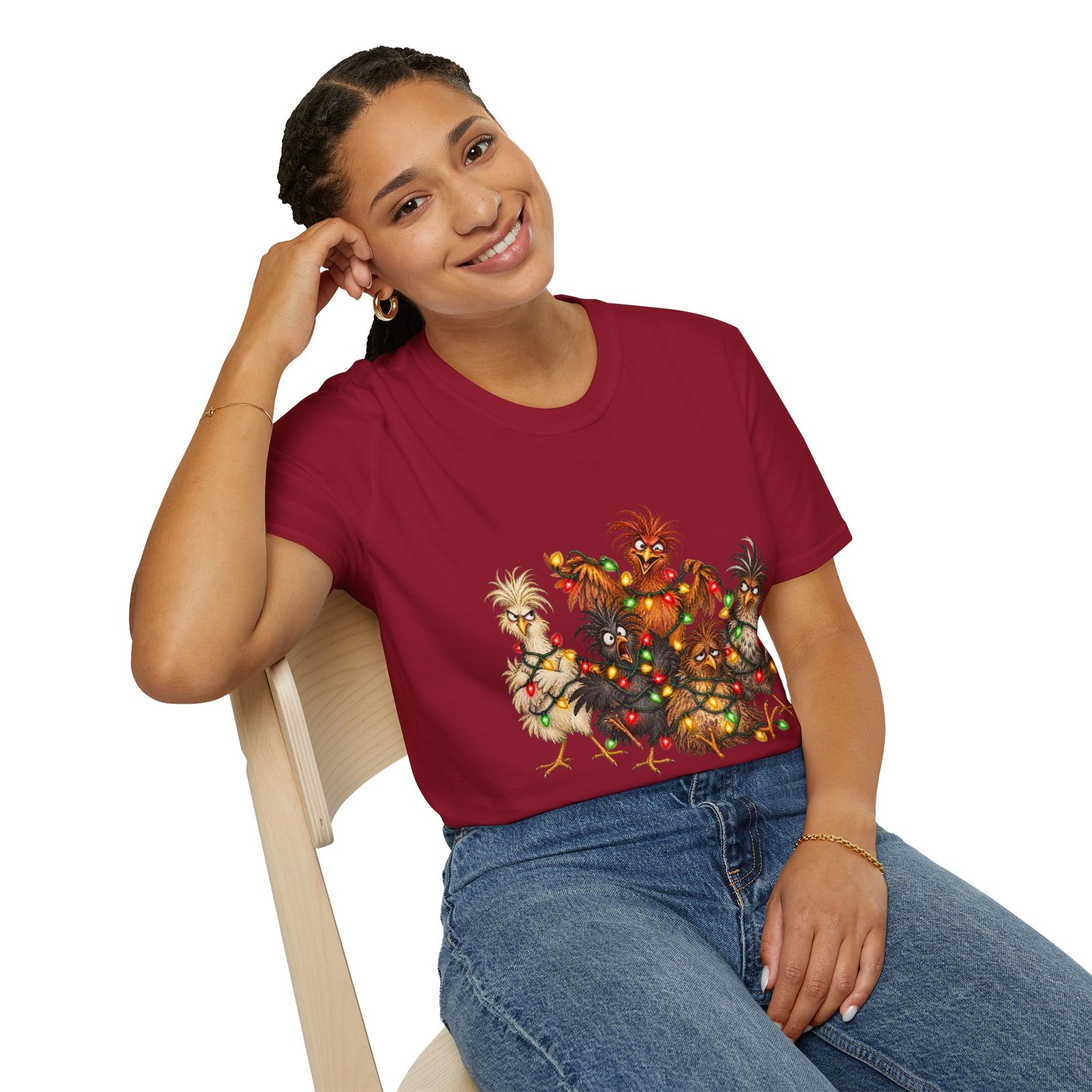 Christmas Chickens T-Shirt — Festive Rooster and Hen Holiday Tee with String Lights - Image 45