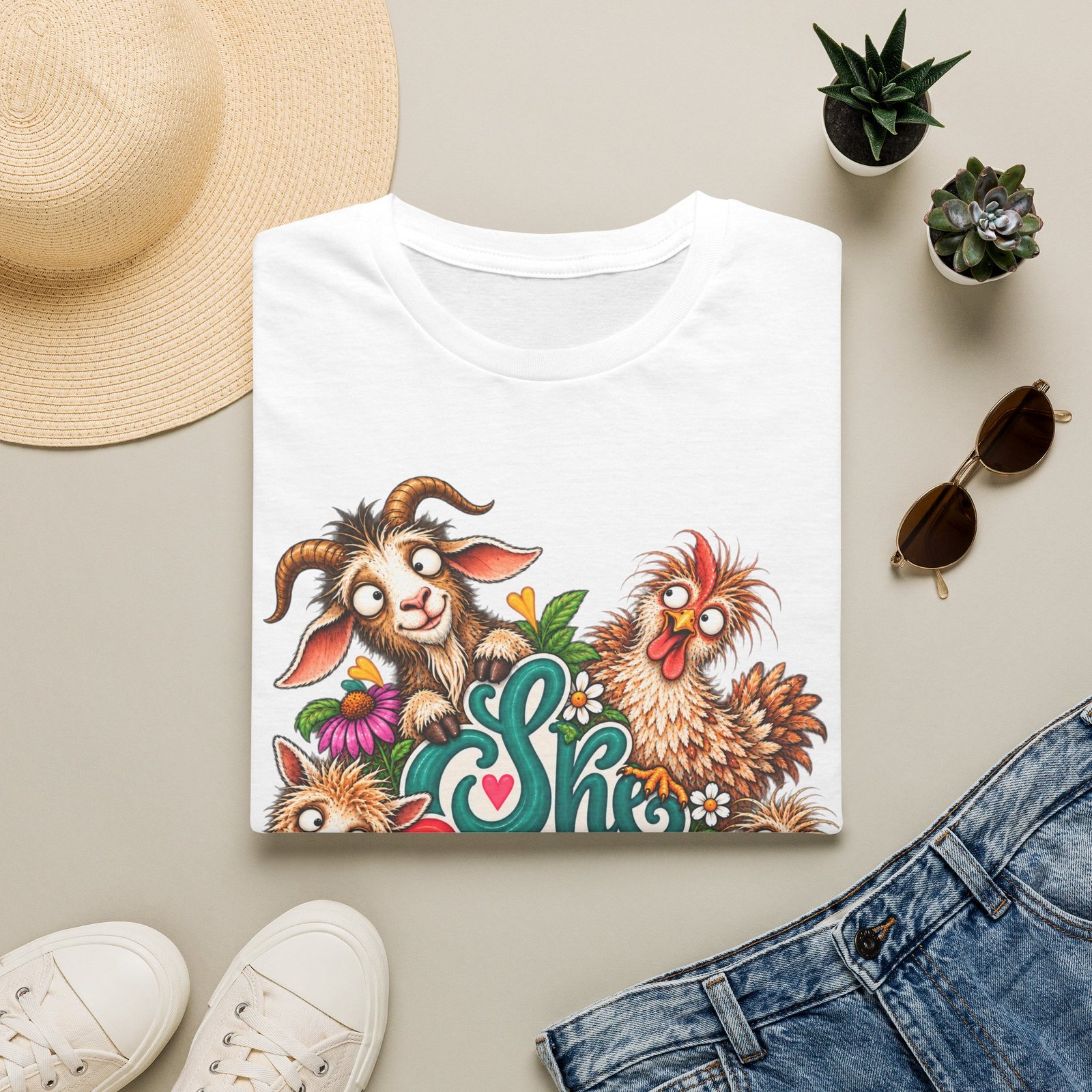 She Built This Funny Homesteading T-Shirt | Goat, Chicken, Goose & Llama Graphic Tee - Image 3