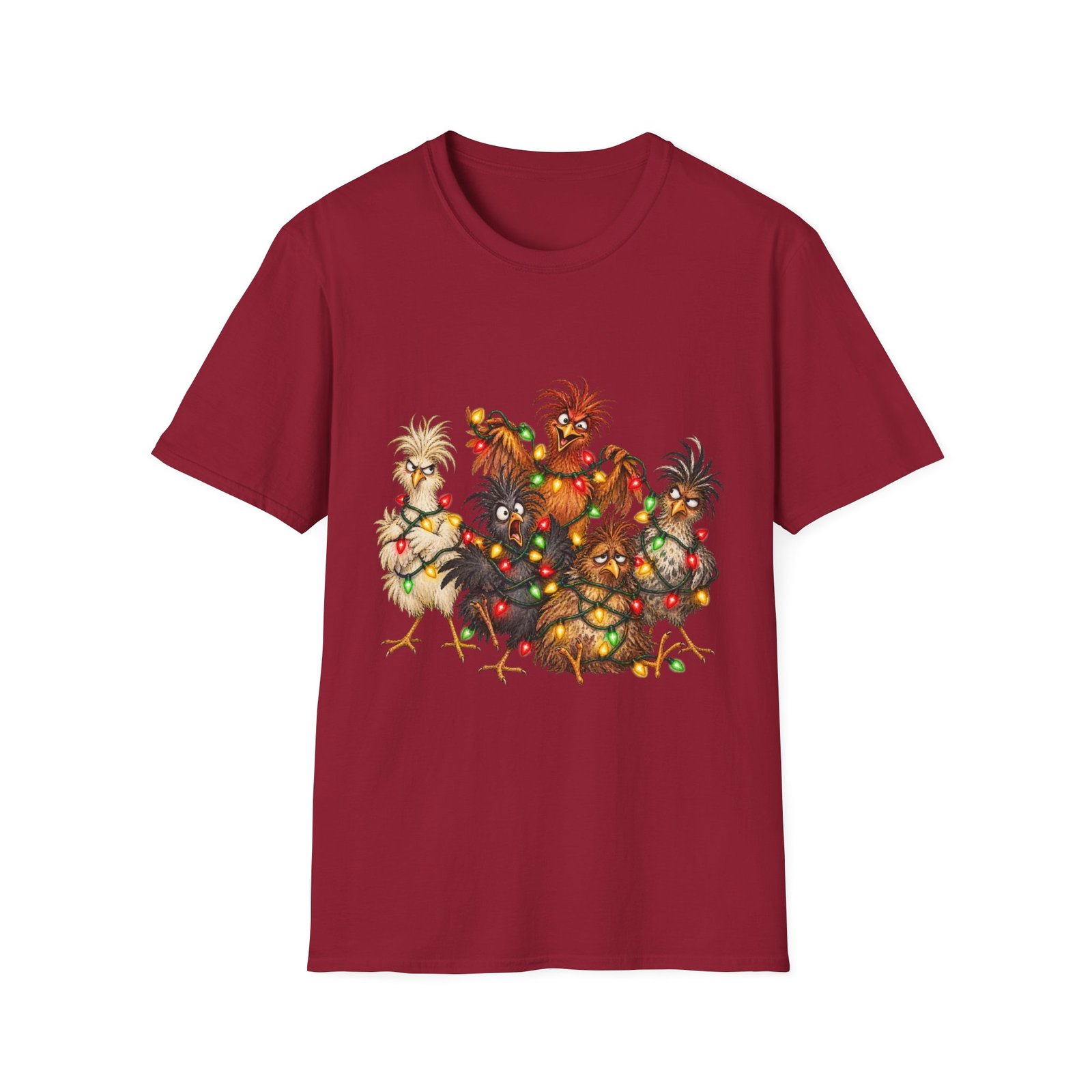 Christmas Chickens T-Shirt — Festive Rooster and Hen Holiday Tee with String Lights - Image 43