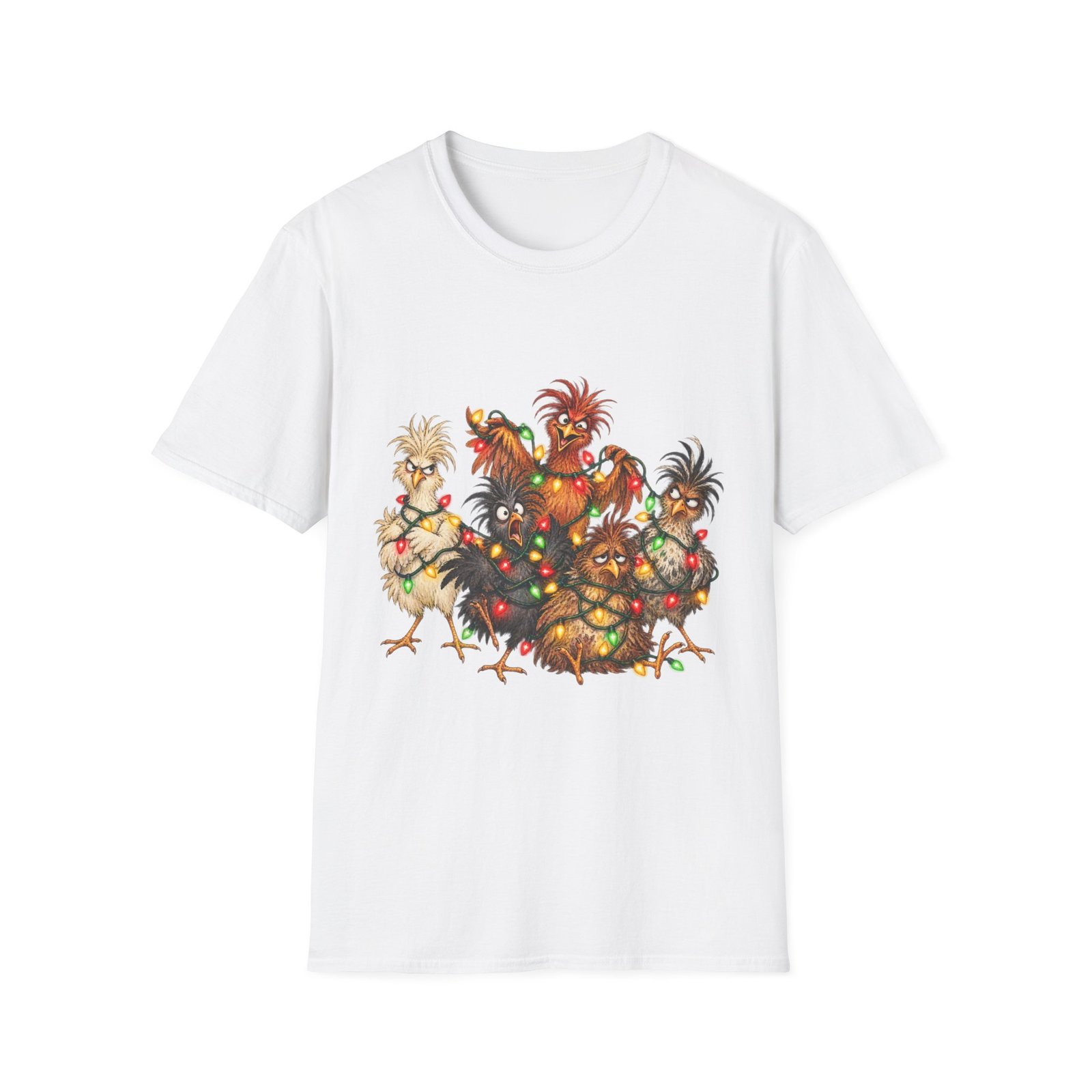 Christmas Chickens T-Shirt — Festive Rooster and Hen Holiday Tee with String Lights - Image 8