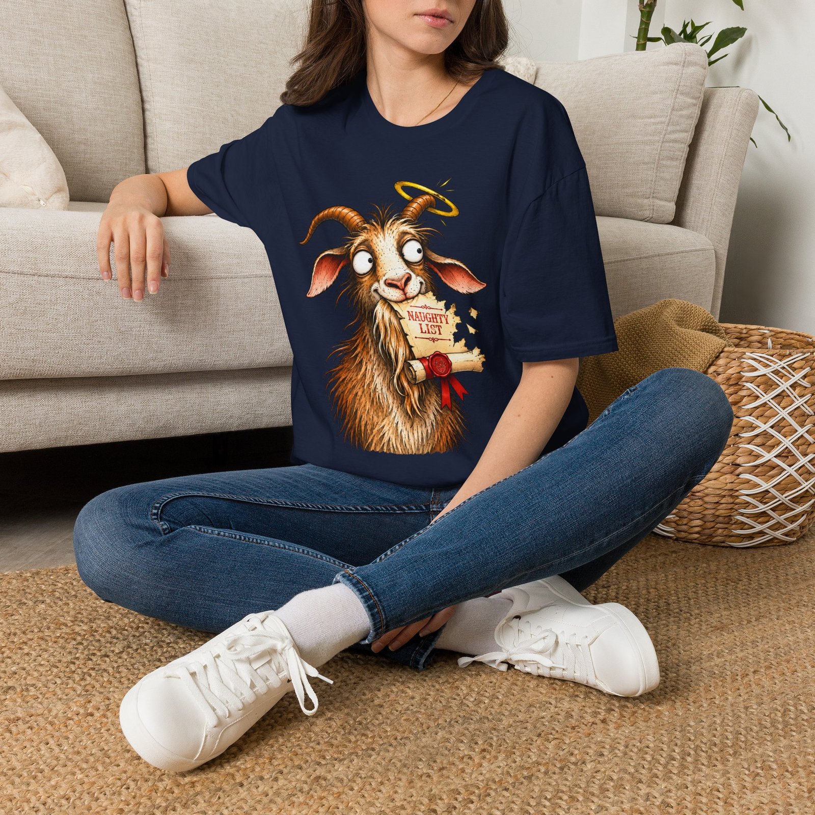 Naughty or Nice Goat T-Shirt — Cute Halo Goat Graphic Tee - Image 32