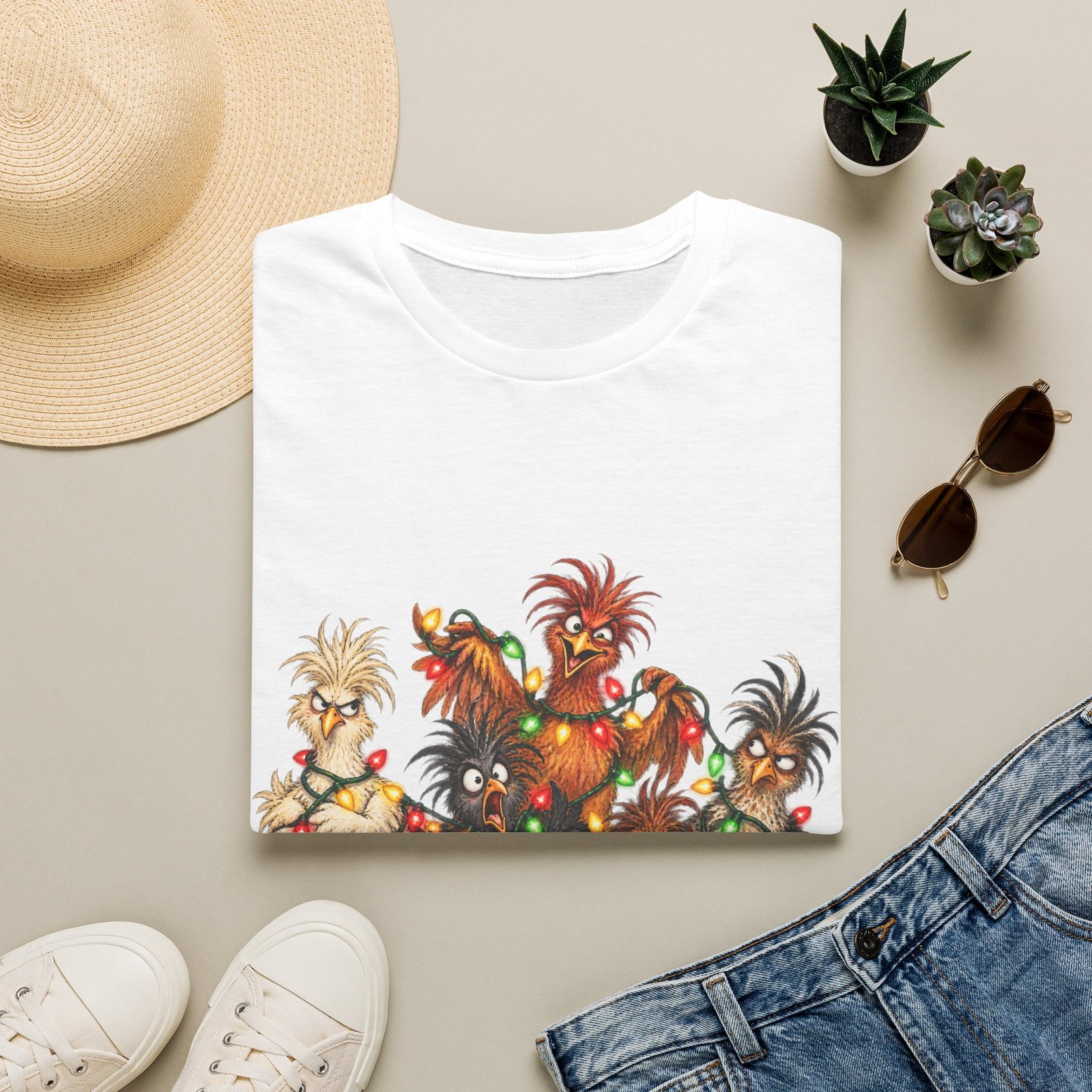 Christmas Chickens T-Shirt — Festive Rooster and Hen Holiday Tee with String Lights - Image 6