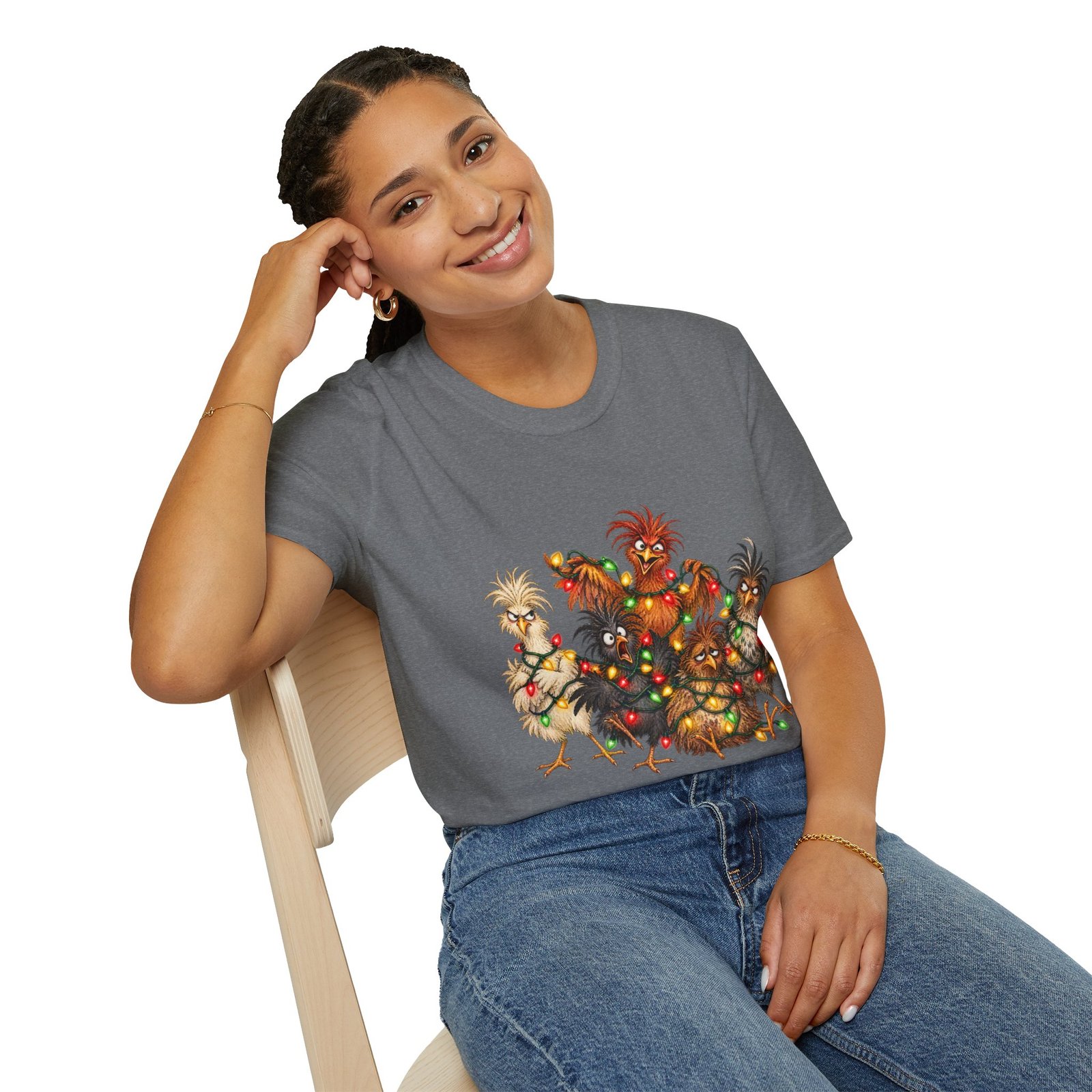 Christmas Chickens T-Shirt — Festive Rooster and Hen Holiday Tee with String Lights - Image 30