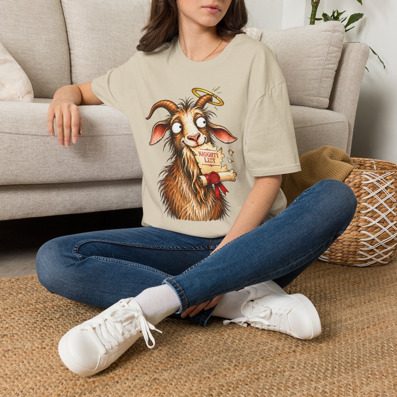 Naughty or Nice Goat T-Shirt — Cute Halo Goat Graphic Tee - Image 17