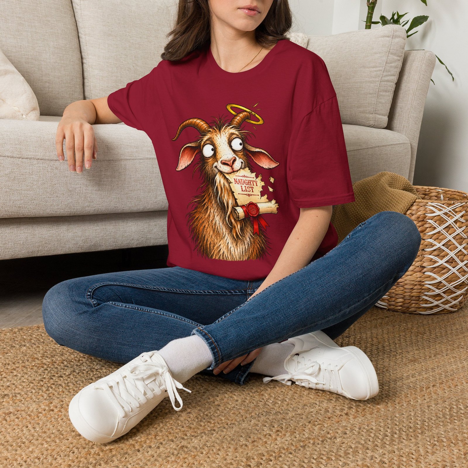 Naughty or Nice Goat T-Shirt — Cute Halo Goat Graphic Tee - Image 3