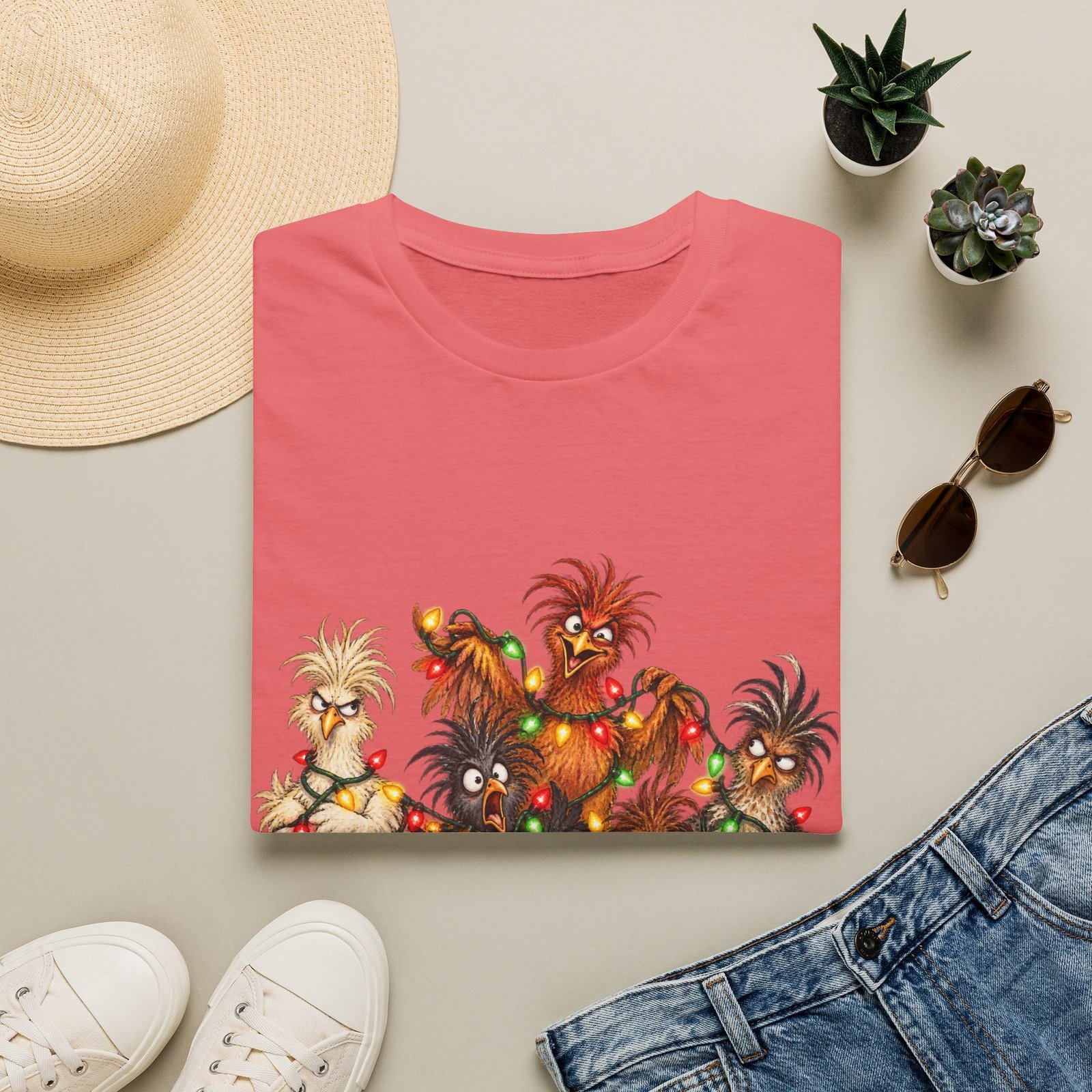 Christmas Chickens T-Shirt — Festive Rooster and Hen Holiday Tee with String Lights - Image 11