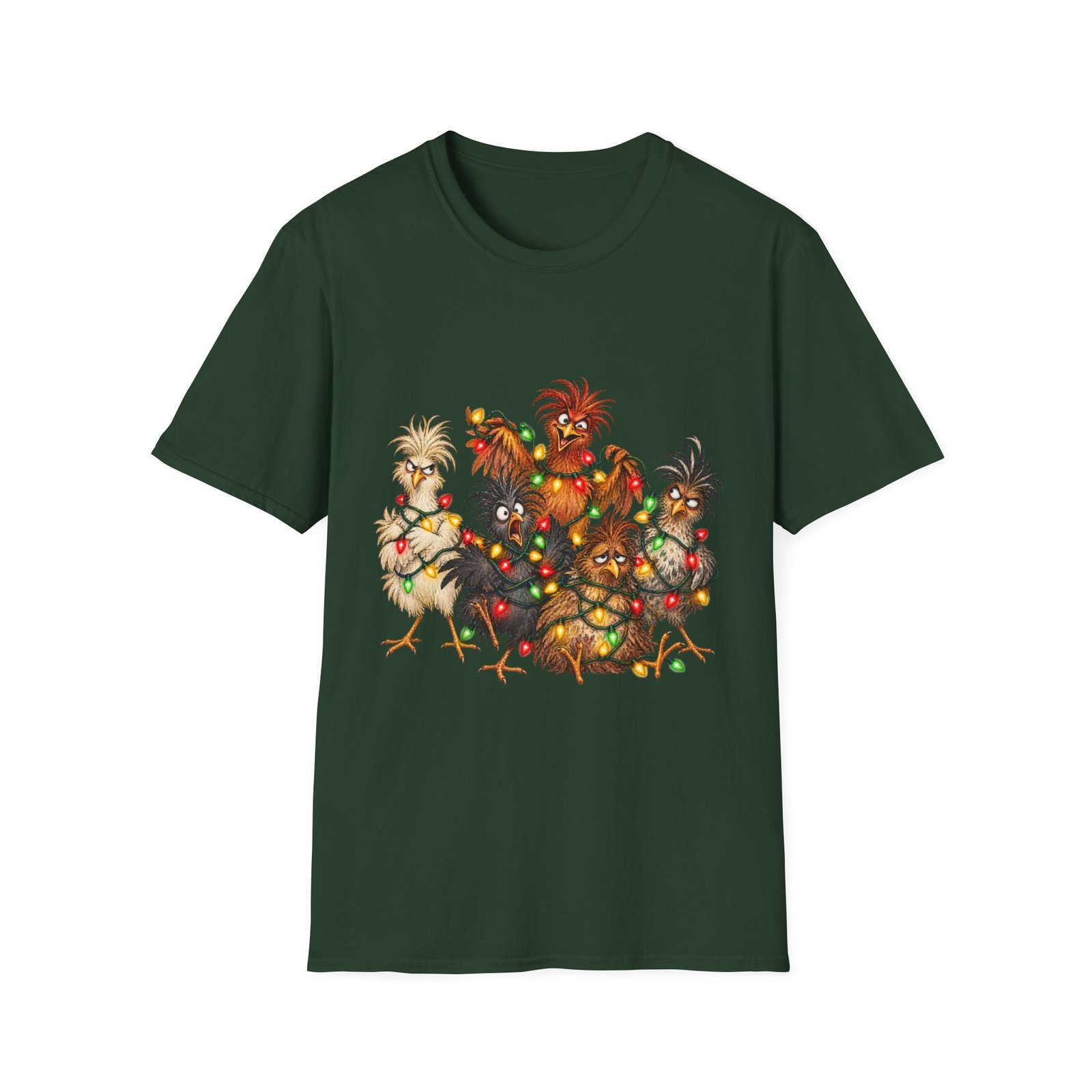 Christmas Chickens T-Shirt — Festive Rooster and Hen Holiday Tee with String Lights - Image 4