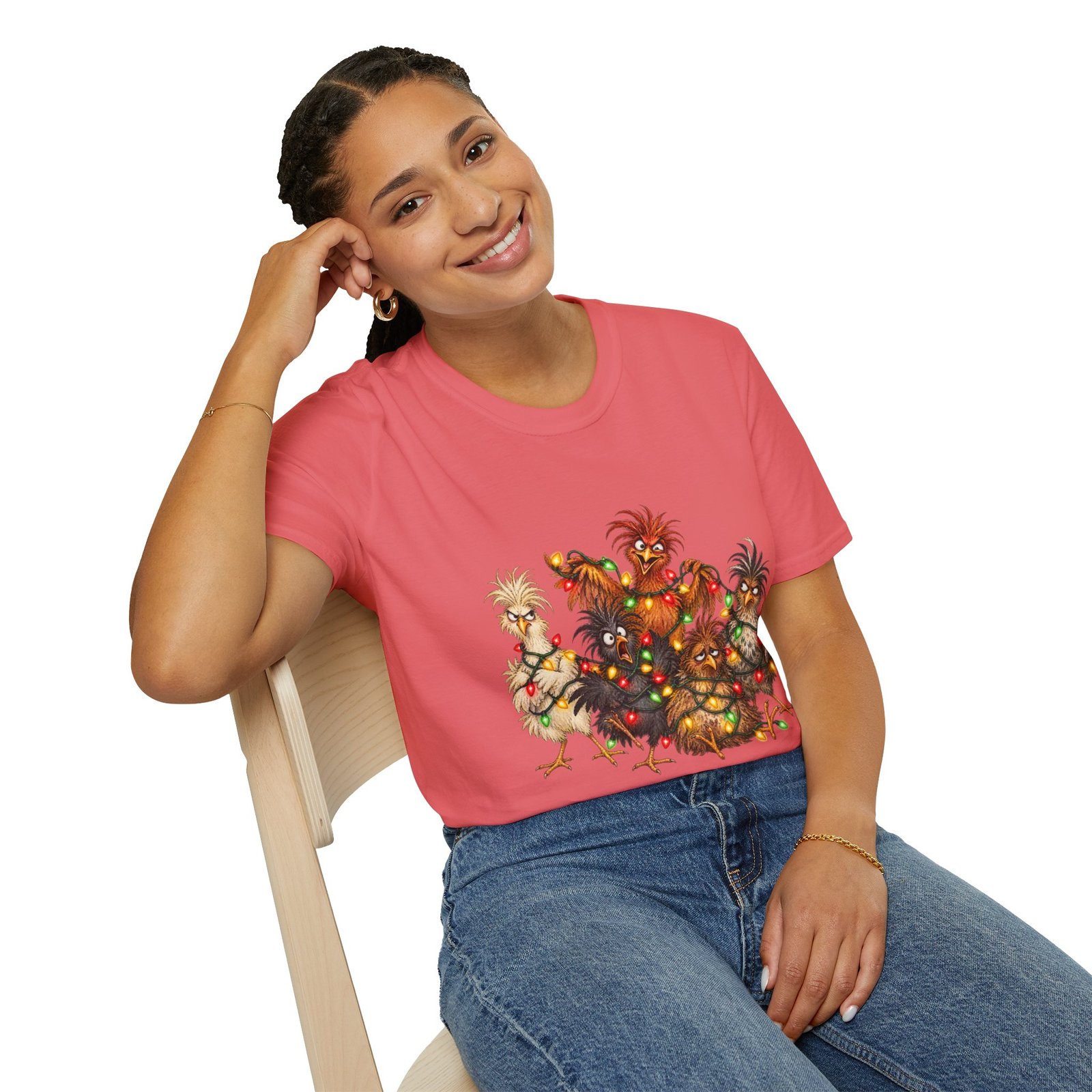 Christmas Chickens T-Shirt — Festive Rooster and Hen Holiday Tee with String Lights - Image 15