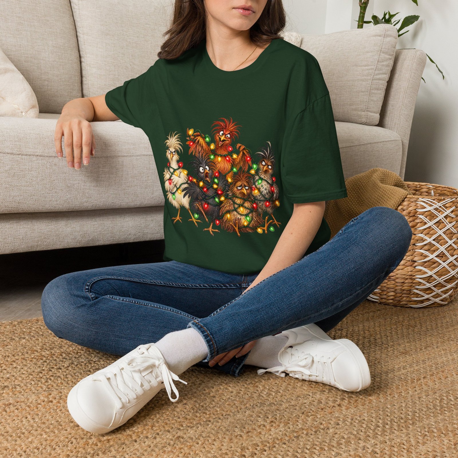 Christmas Chickens T-Shirt — Festive Rooster and Hen Holiday Tee with String Lights - Image 3