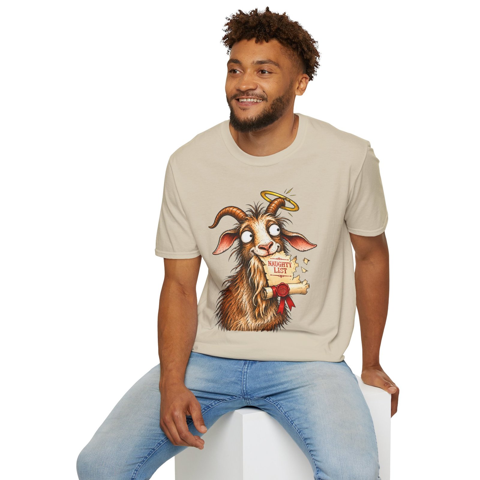 Naughty or Nice Goat T-Shirt — Cute Halo Goat Graphic Tee - Image 20