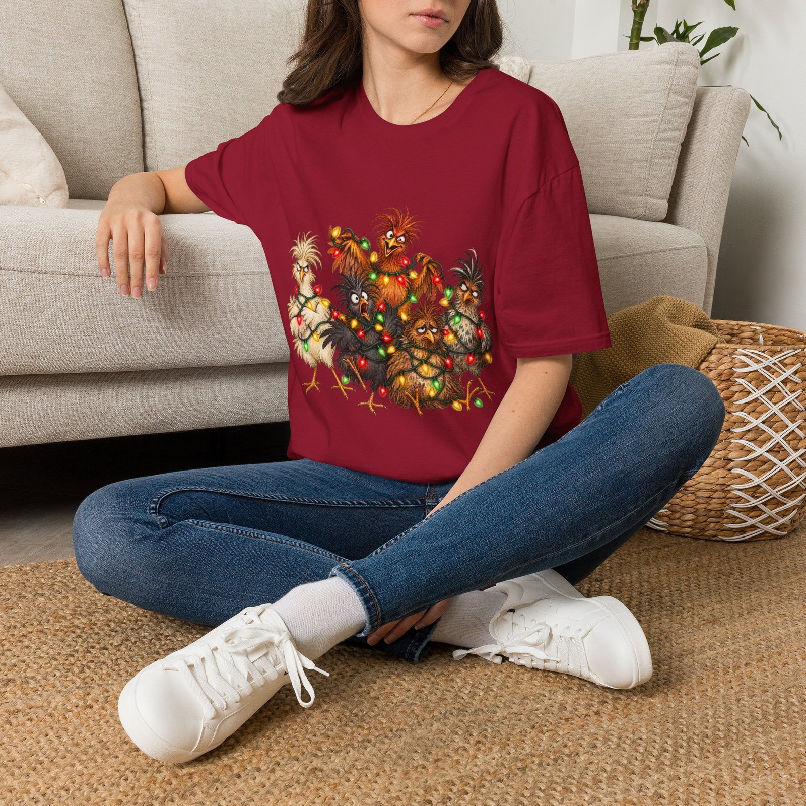 Christmas Chickens T-Shirt — Festive Rooster and Hen Holiday Tee with String Lights - Image 42