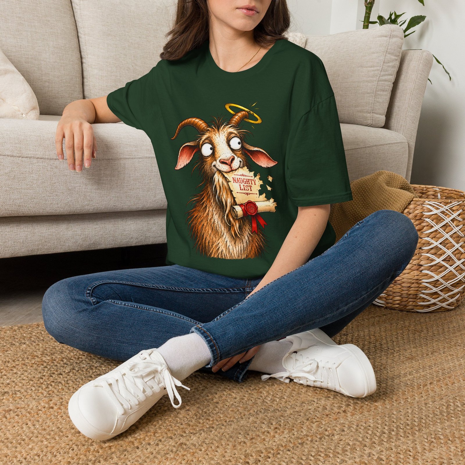 Naughty or Nice Goat T-Shirt — Cute Halo Goat Graphic Tee - Image 22