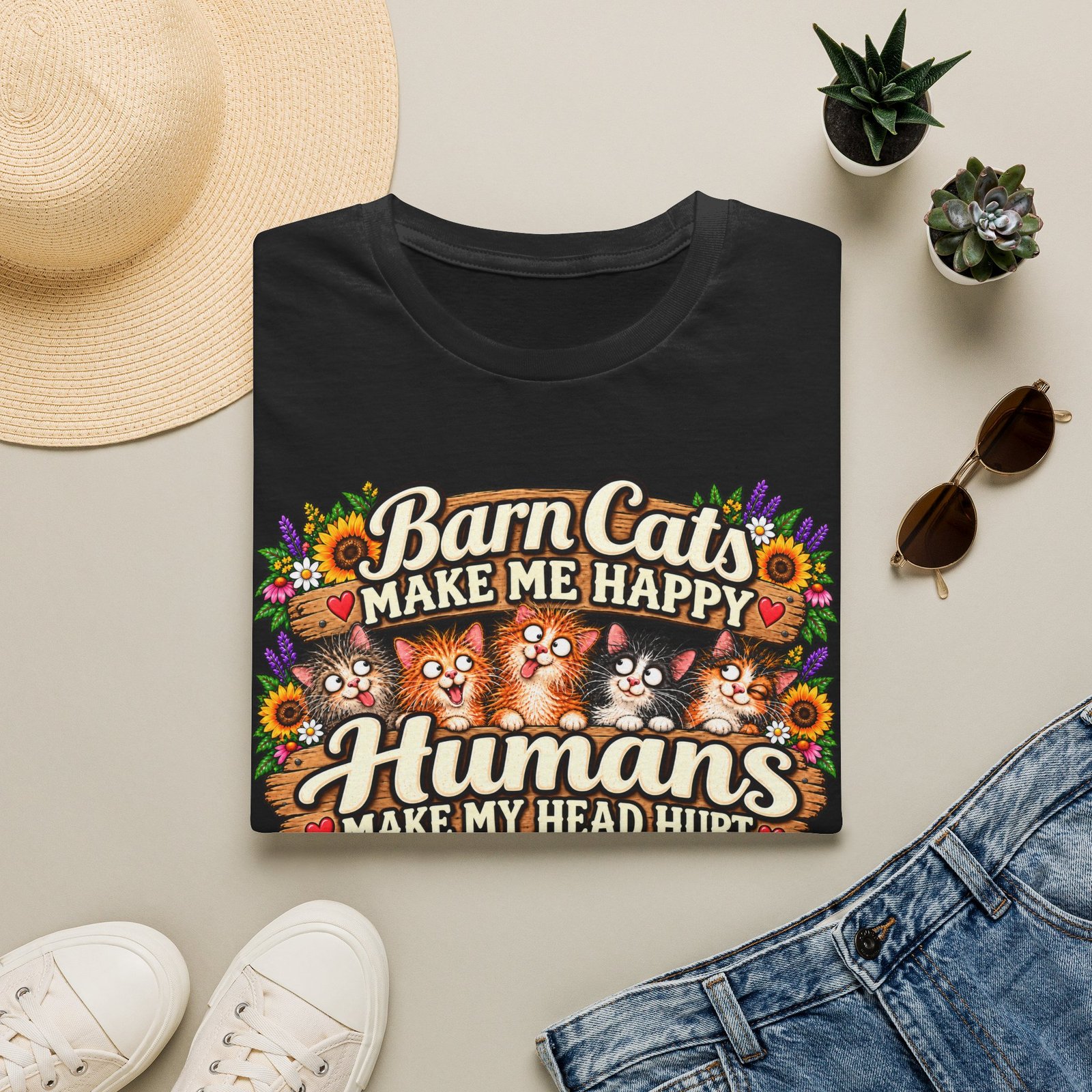 Barn Cats Make Me Happy, Humans Make My Head Hurt T-Shirt | Funny Cat Lover Tee | Farmhouse Barn Cat Gift - Image 5