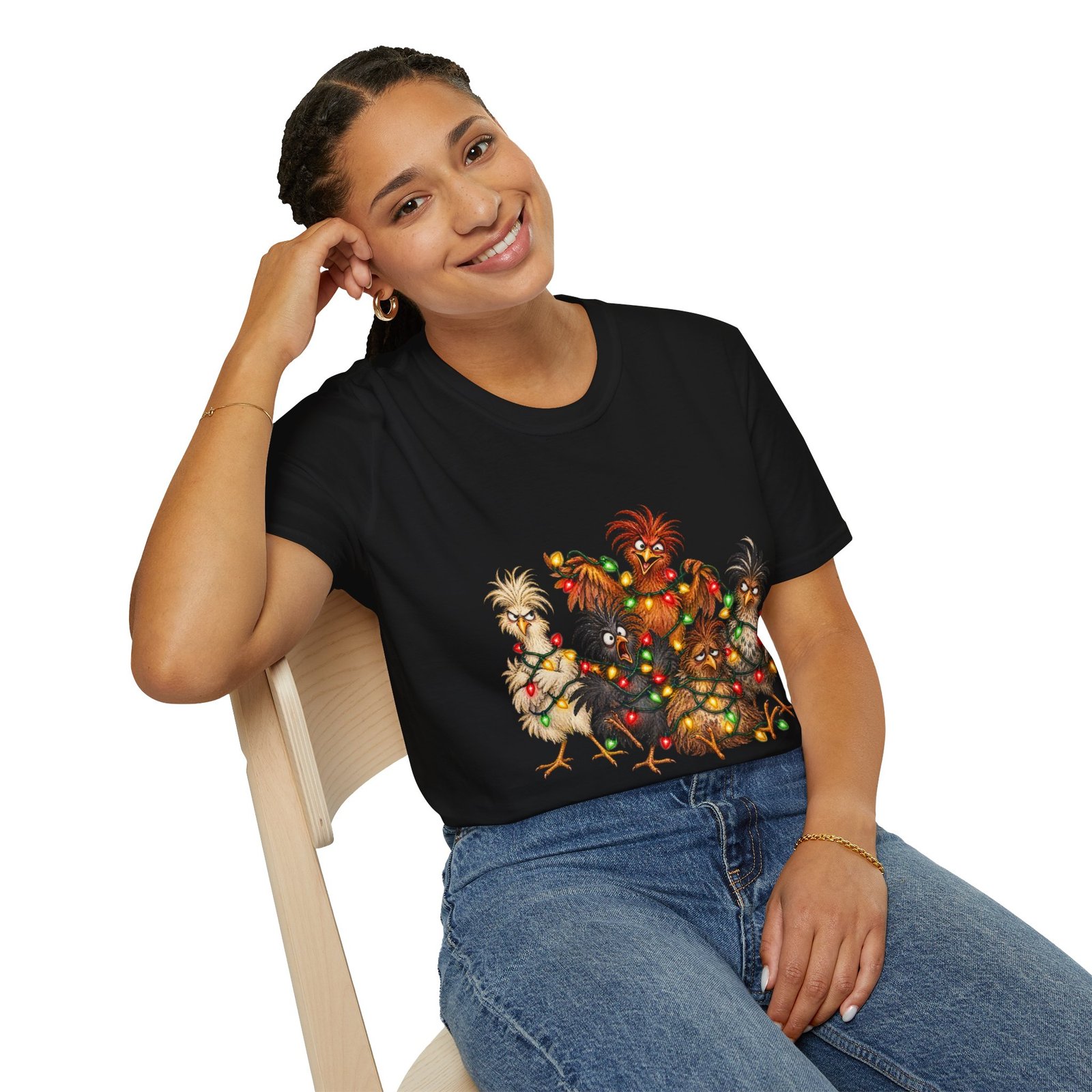 Christmas Chickens T-Shirt — Festive Rooster and Hen Holiday Tee with String Lights - Image 20