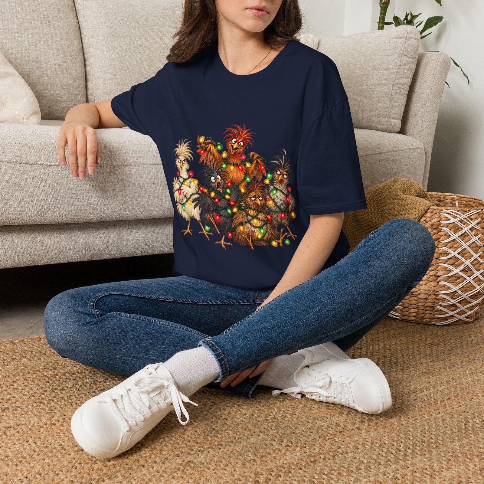 Christmas Chickens T-Shirt — Festive Rooster and Hen Holiday Tee with String Lights - Image 32