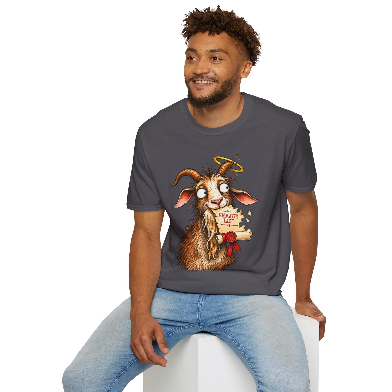 Naughty or Nice Goat T-Shirt — Cute Halo Goat Graphic Tee - Image 30