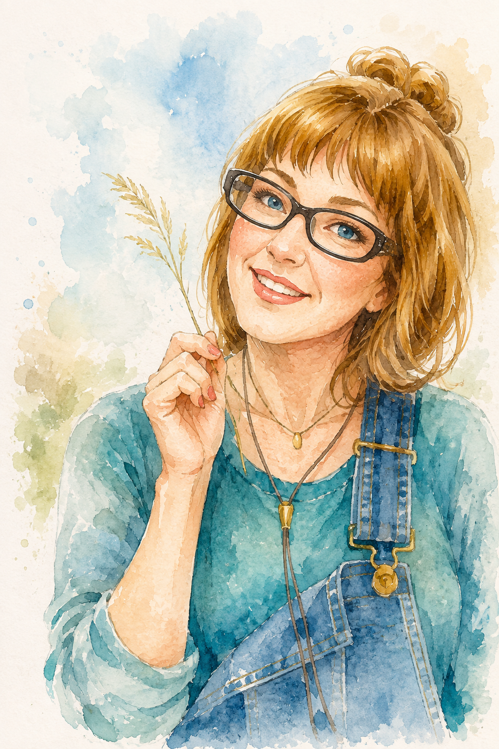 Watercolor portrait of Jill in overalls holding a stalk of wheat
